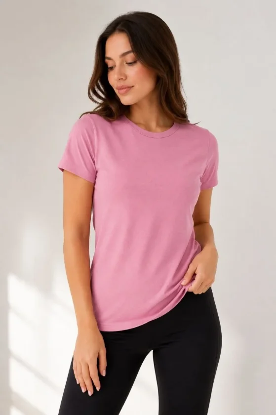 Basic Tişört Bisiklet Yaka Kısa Kol Günlük Yazlık Slim Fit T-Shirt - Pembe
