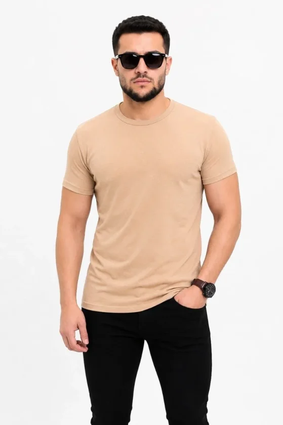 Erkek Basic Tişört Bisiklet Yaka Kısa Kol Günlük Yazlık Slim Fit T-Shirt - Bej