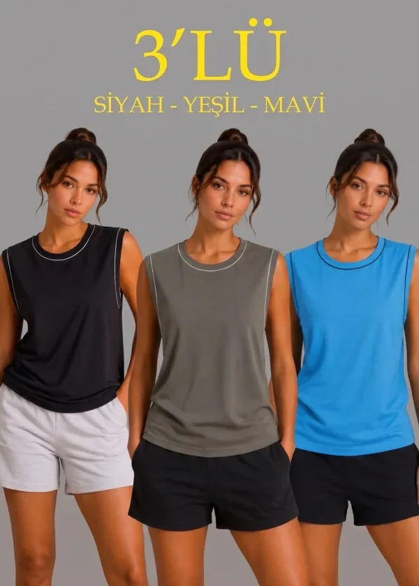 3’lü Kolsuz Sporcu Atlet Seti Yazlık Bisiklet Yaka - Siyah, Haki, Mavi
