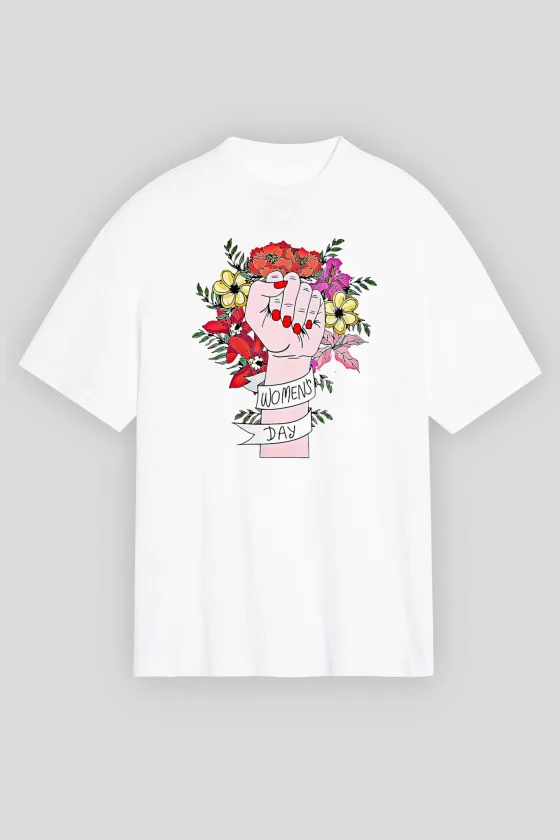 8 Mart Dünya Kadınlar Günü Baskılı Oversize Bisiklet Yaka T-shirt - Beyaz