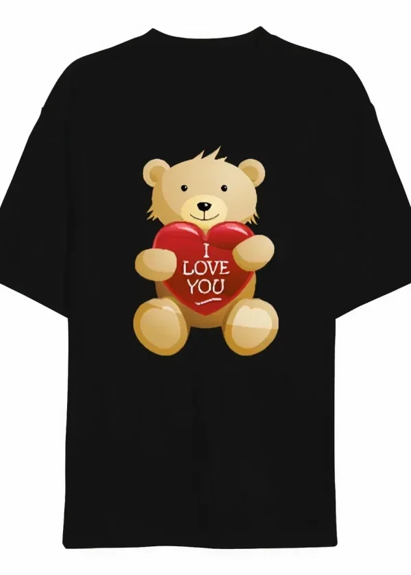 14 Şubat Sevgililer Günü I Love You Ayı Baskılı Oversize Bisiklet Yaka T-shirt - Siyah