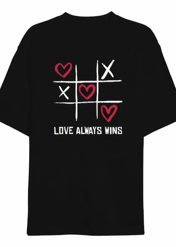 14 Şubat Sevgililer Günü Love Always Wins Baskılı Oversize Bisiklet Yaka T-shirt - Siyah