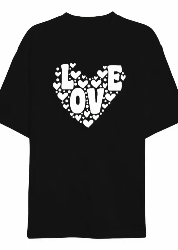 14 Şubat Sevgililer Günü Love Kalp Baskılı Oversize Bisiklet Yaka T-shirt - Siyah