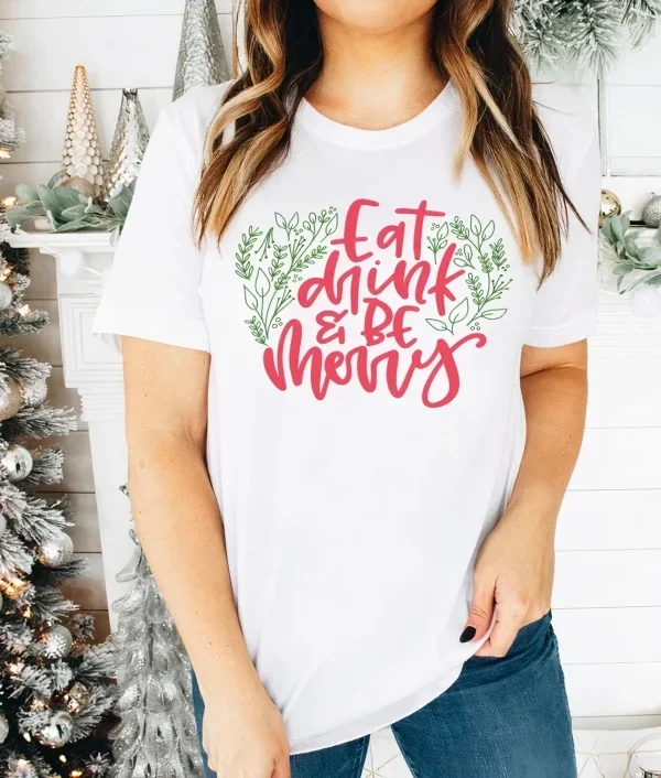 Yılbaşı Noel Baskılı Kısa Kollu Oversize Bisiklet Yaka T-shirt - Beyaz