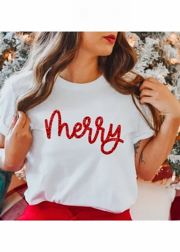 Yılbaşı Merry Christmas Baskılı Kısa Kollu Oversize Bisiklet Yaka T-shirt - Beyaz