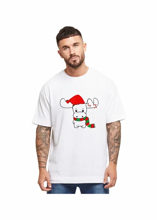 Yılbaşı Noel Ren Geyiği Baskılı Kısa Kollu Oversize Bisiklet Yaka T-shirt - Beyaz