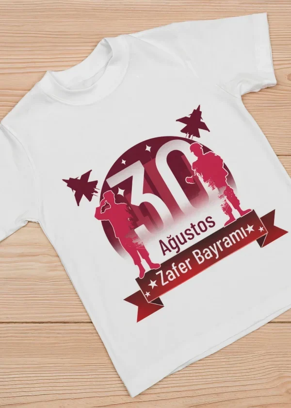 Ağustos Zafer Bayramı Atatürk Baskılı Kısa Kollu Bisiklet Yaka T-shirt - Beyaz