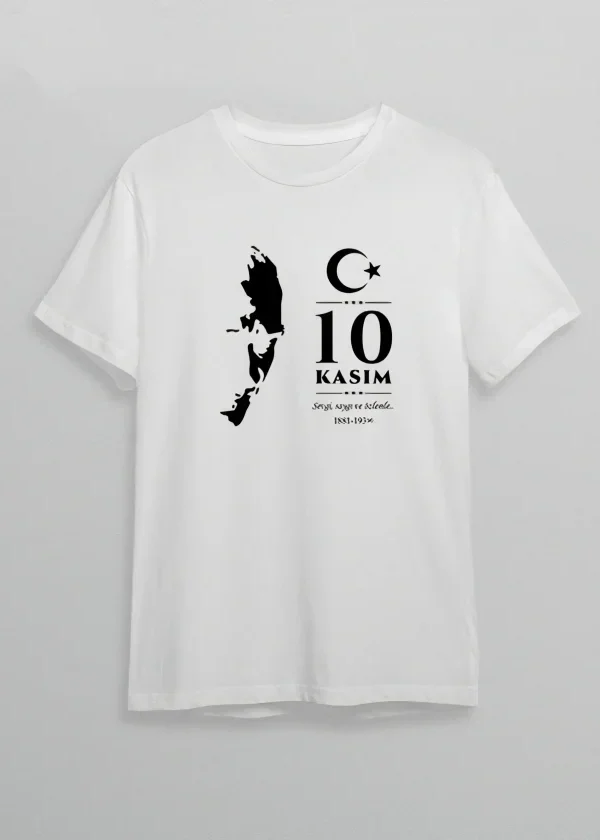 10 Kasım Atatürk Anma Günü Silüet Baskılı Oversize Bisiklet Yaka T-shirt - Beyaz