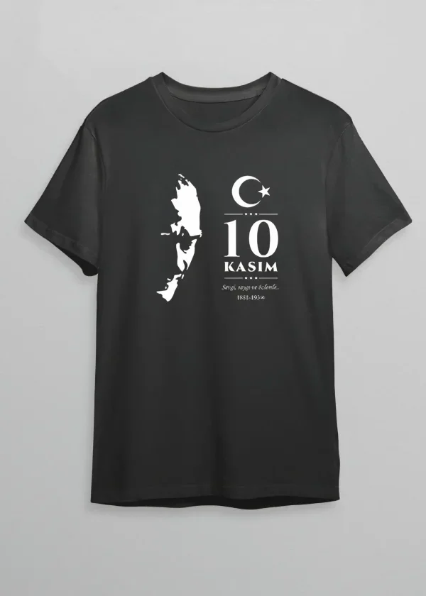 10 Kasım Atatürk Anma Günü Silüet Baskılı Oversize Bisiklet Yaka T-shirt - Siyah