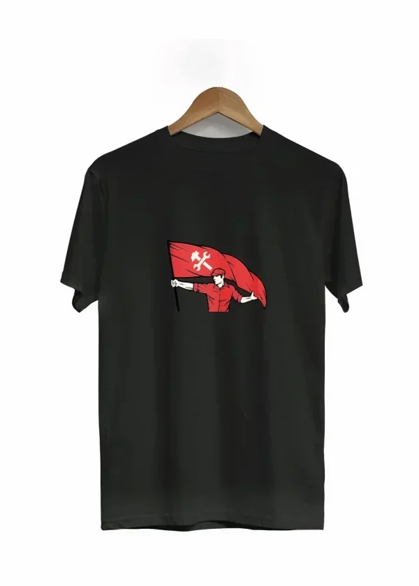 1 Mayıs Emek Ve Dayanışma Bayraklı Emekçi Baskılı Bisiklet Yaka T-shirt - Siyah