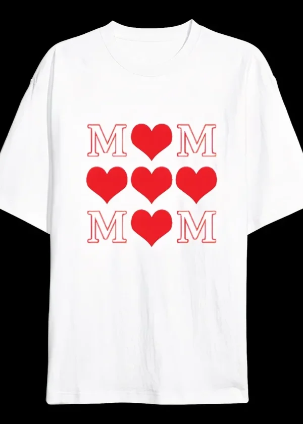 Anneler Günü Hediye MOM Kalp Baskılı Oversize Bisiklet Yaka T-shirt - Beyaz