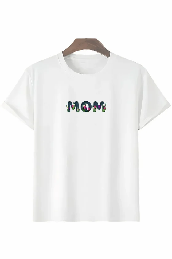 Anneler Günü Hediye Mom Çiçek Baskılı Oversize Bisiklet Yaka T-shirt - Beyaz