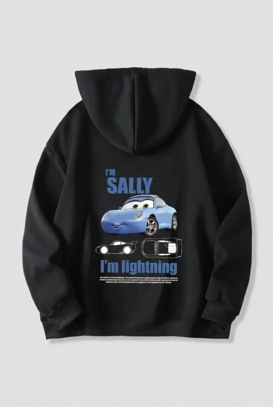 Sevgililer Günü Araba Temalı Baskılı Oversize Kapüşonlu Sweatshirt Hoodie - Siyah