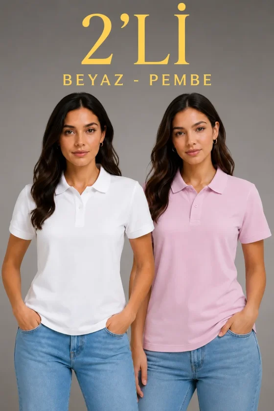 2li Polo Yaka Pike Kumaş Düğmeli Basic Tişört Günlük Rahat Kesim - Beyaz, Pembe