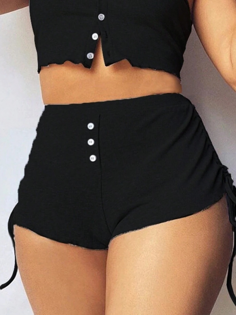 Kadın Ip Askılı Crop Bluz Ve Yanlardan Büzgülü Ikili Kaşkorse Short Takım - Görsel 2