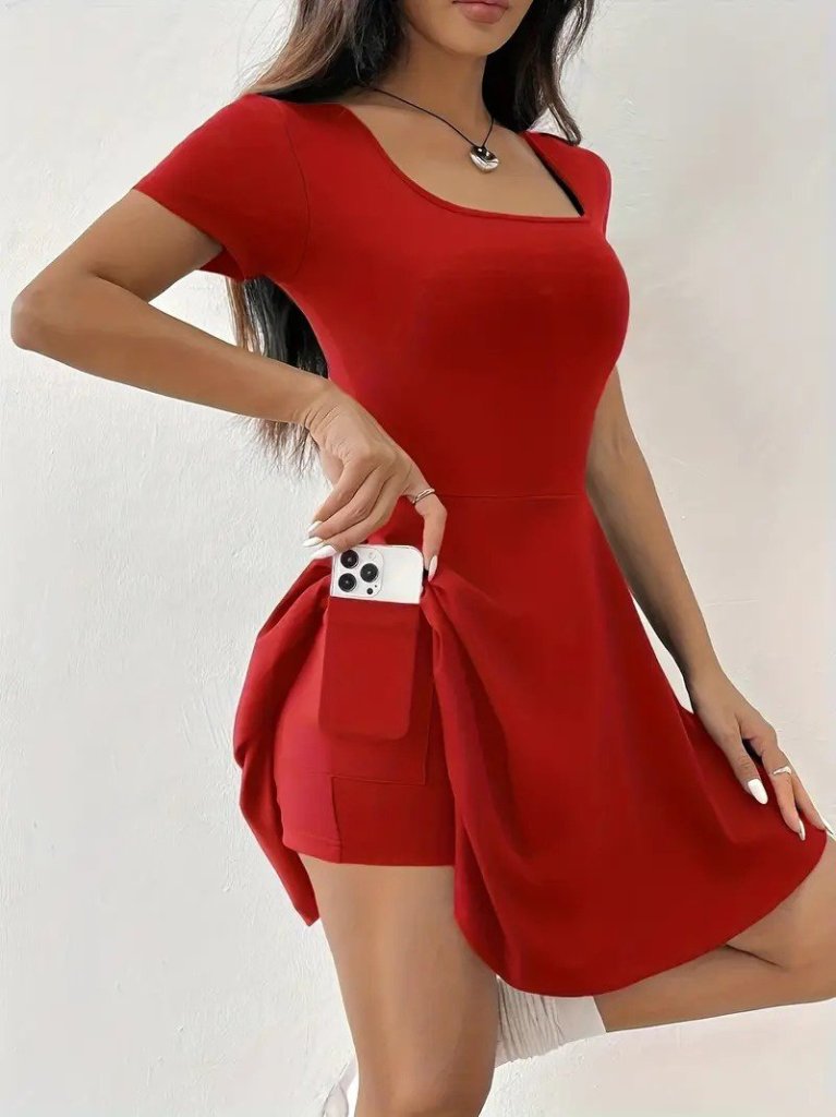 Kadın Kısa Kollu Kare Yaka Short Detaylı Cepli Dalgıç Elbise - Görsel 4