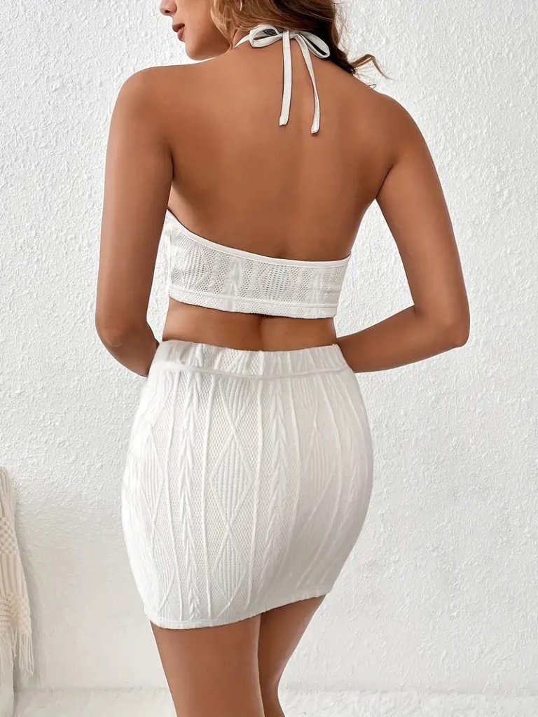 Kadın Sıfır Kol Crop Mini Etek Ikili Triko Takım - Görsel 4