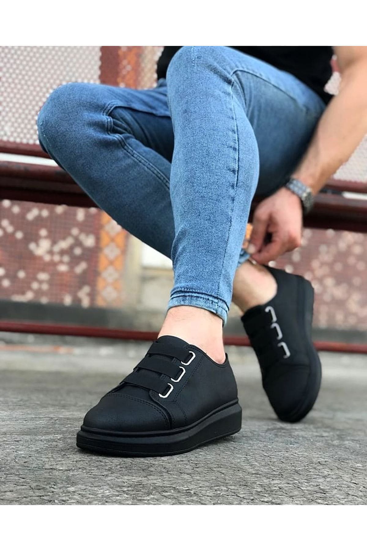 JY026 Astor Erkek Günlük Lastikli Cilt Spor Sneaker Ayakkabı CST - Siyah - Görsel 2