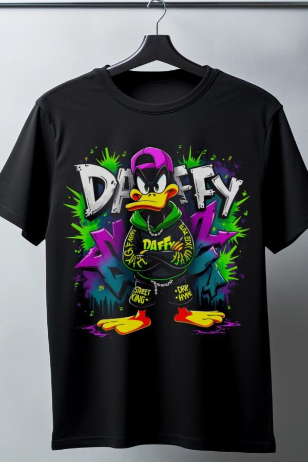 Daffy Duck Graffiti Baskılı Unisex Siyah Tişört - 24/1 Penye Pamuklu