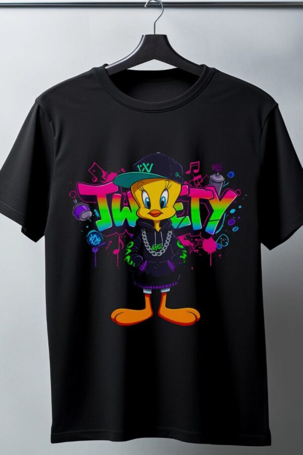 Tweety Graffiti Baskılı Unisex Siyah Oversize Tişört - 24/1 Penye