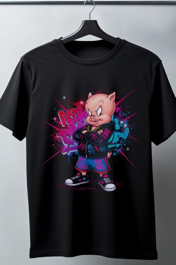 Porky Pig Graffiti Baskılı Unisex Siyah Oversize Tişört - 24/1 Penye