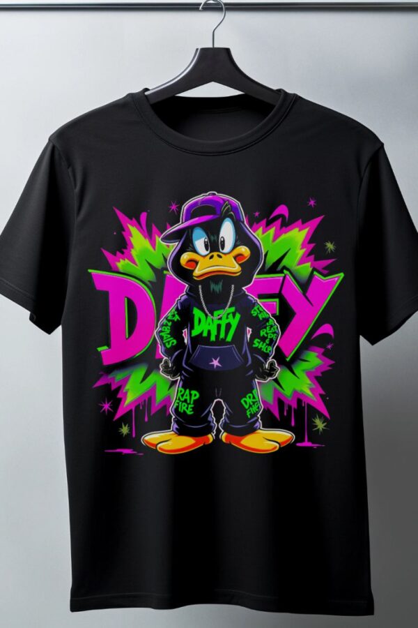 Daffy Duck Graffiti Baskılı Unisex Siyah Tişört - 24/1 Penye Pamuklu