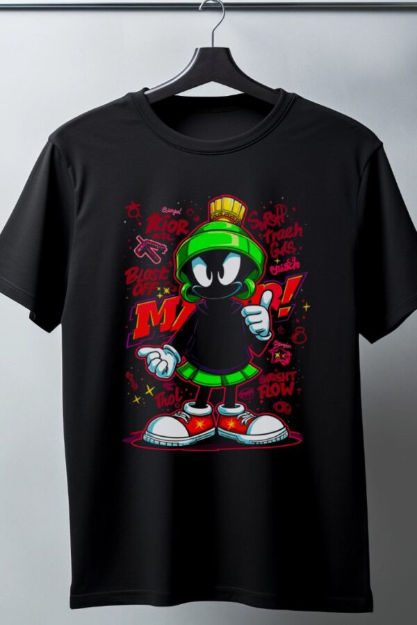 Marvin the Martian Graffiti Baskılı Unisex Siyah Tişört - 24/1 Penye Pamuklu