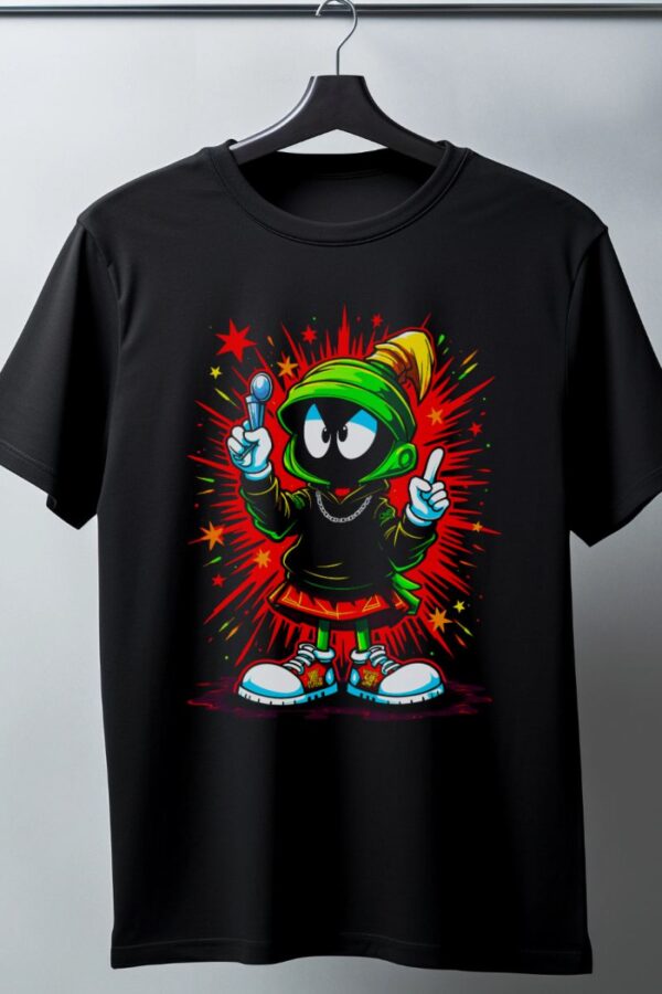 Marvin the Martian Graffiti Baskılı Unisex Siyah Tişört - 24/1 Penye Pamuklu