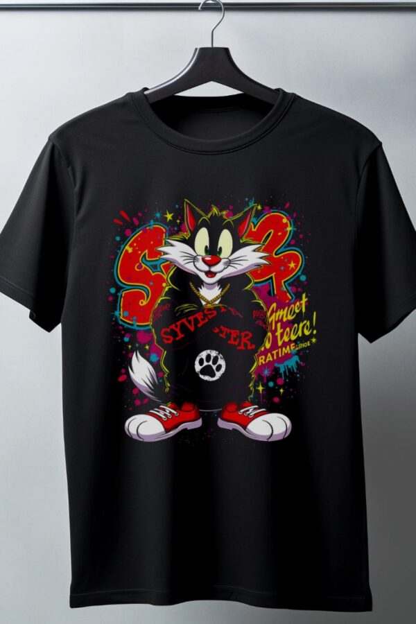 Sylvester Graffiti Baskılı Unisex Siyah Oversize Tişört - 24/1 Penye