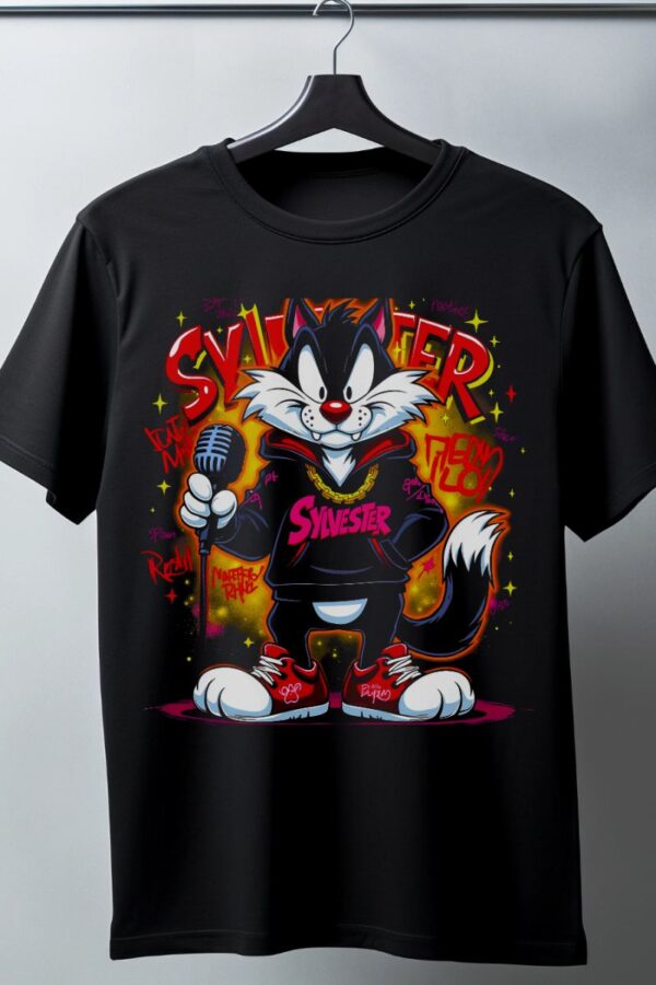 Sylvester Graffiti Baskılı Unisex Siyah Oversize Tişört - 24/1 Penye