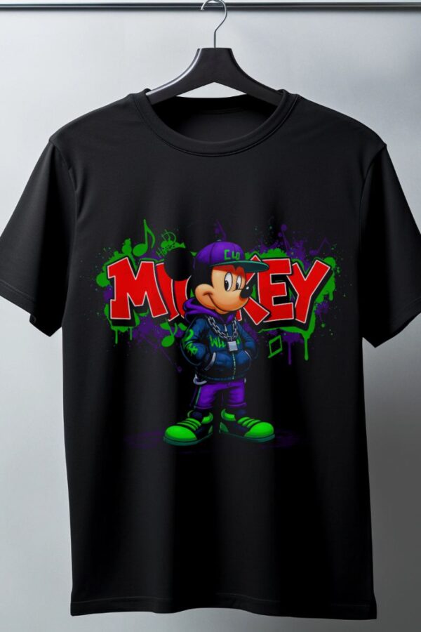 Mickey Mouse Graffiti Baskılı Unisex Siyah Oversize Tişört - 24/1 Penye