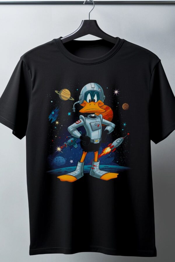 Duck Dodgers Uzay Baskılı Unisex Siyah Oversize Tişört - 24/1 Penye