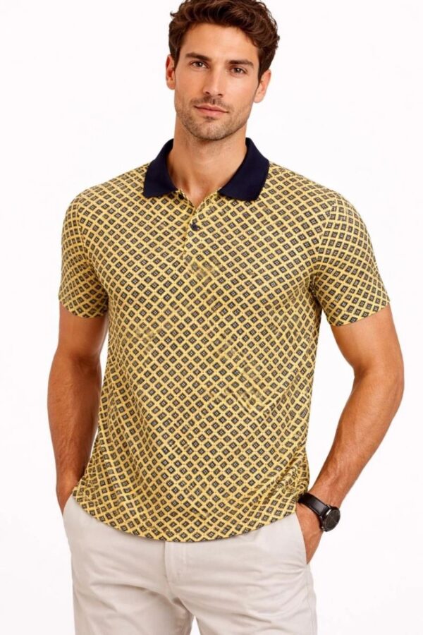 Erkek Pike Kumaş Polo Yaka Desenli Tişört Kısa Kol Yazlık T-Shirt - Sarı