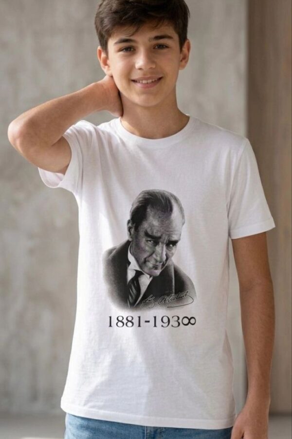 Erkek Çocuk Atatürk Baskılı Tişört Kısa Kollu Bisiklet Yaka T-Shirt - Beyaz