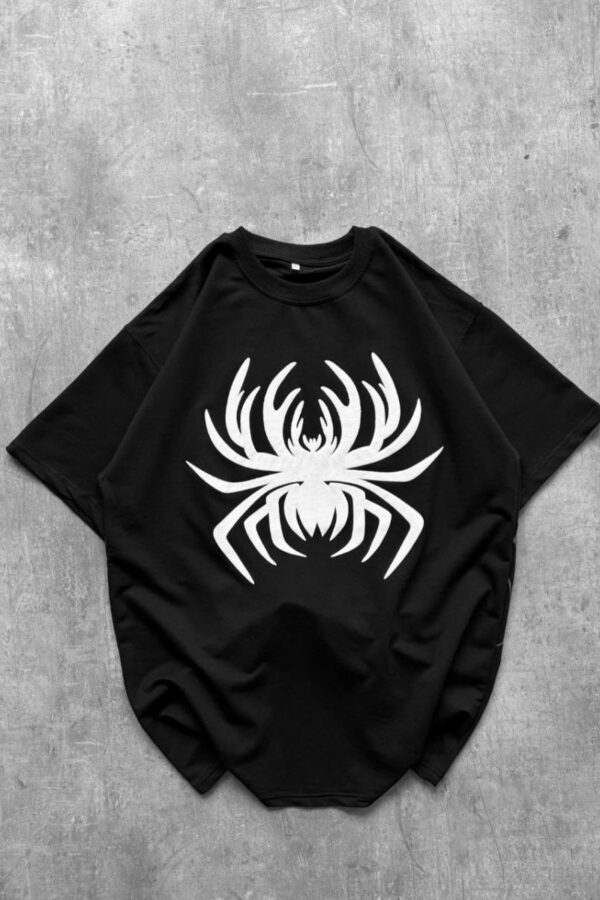 Erkek Örümcek Baskılı Tişört Kısa Kollu Bisiklet Yaka T-Shirt - Siyah