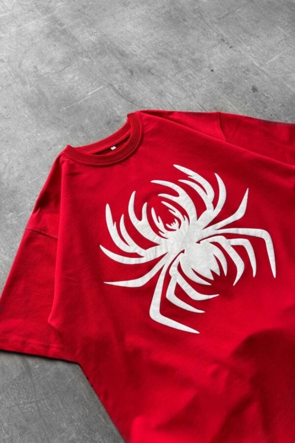 Erkek Örümcek Baskılı Tişört Kısa Kollu Bisiklet Yaka T-Shirt - Kırmızı
