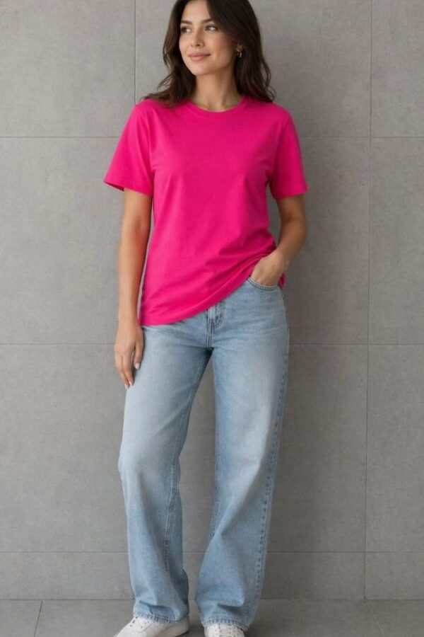Kadın Basic Pamuklu Tişört Bisiklet Yaka Düz Renk Relaxed Fit T-Shirt - Fuşya
