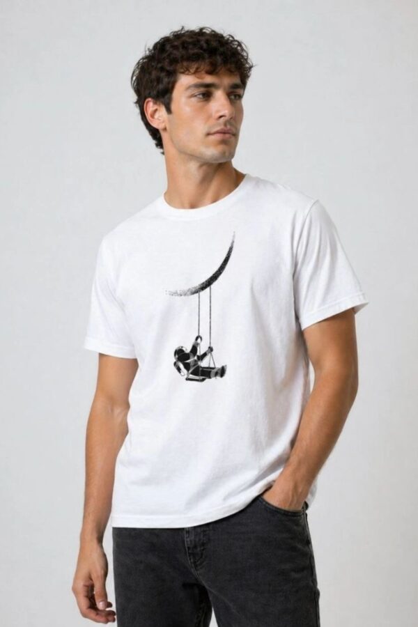 Erkek Astronot Ay Temalı Tişört Kısa Kol Yazlık Bisiklet Yaka T-Shirt - Beyaz