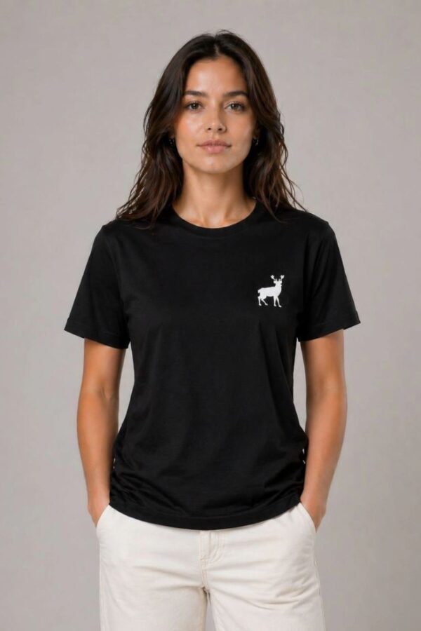 Kadın Minimal Geyik Logolu Tişört Bisiklet Yaka Kısa kol Yazlık T-Shirt - Siyah