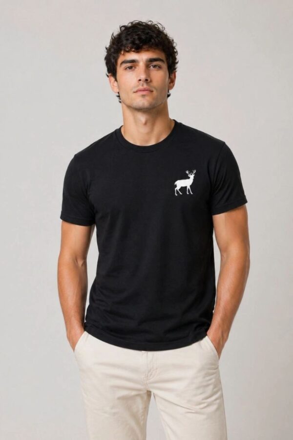 Erkek Minimal Geyik Logolu Tişört Bisiklet Yaka Kısa kol Yazlık T-Shirt - Siyah