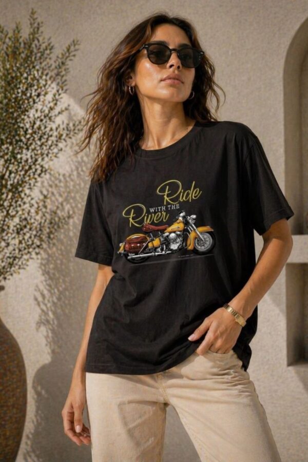 Kadın Motosiklet Baskılı Tişört Bisiklet Yaka Kısa Kol Yazlık T-Shirt - Siyah