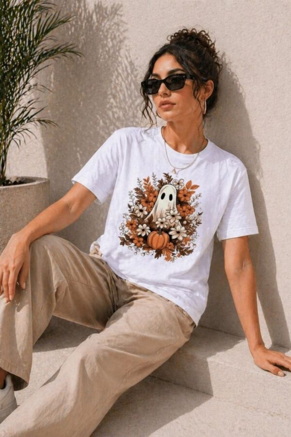 Kadın Balkabağı Hayalet Baskılı Tişört Kısa Kol Yazlık T-Shirt - Beyaz