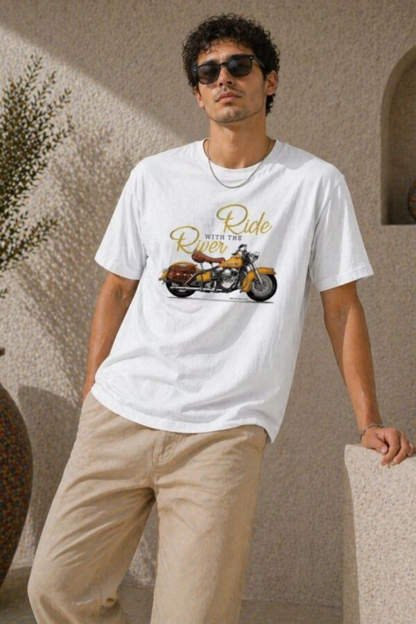 Erkek Motosiklet Baskılı Tişört Bisiklet Yaka Kısa Kol Yazlık T-Shirt - Beyaz