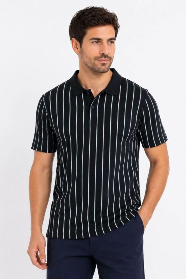 Erkek Pike Kumaş Çizgili Polo Yaka Tişört Kısa Kol Yazlık T-Shirt - Siyah