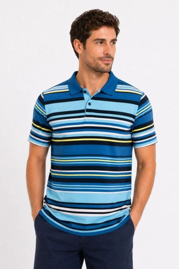 Erkek Çizgili Polo Yaka Tişört Kısa Kol Yazlık T-Shirt Regular Fit - Mavi