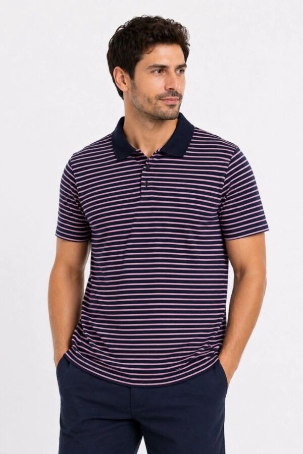 Erkek Pike Kumaş Gül Kurusu Çizgili Polo Yaka Tişört Kısa Kol T-Shirt - Siyah