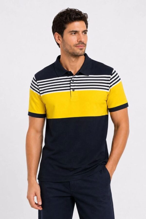 Erkek Pike Kumaş Çizgili Polo Yaka Tişört Kısa Kol Yazlık T-Shirt - Lacivert
