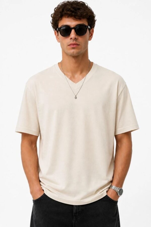 Erkek V Yaka Basic Tişört Kısa Kol Yazlık Regular Fit T-Shirt - Bej