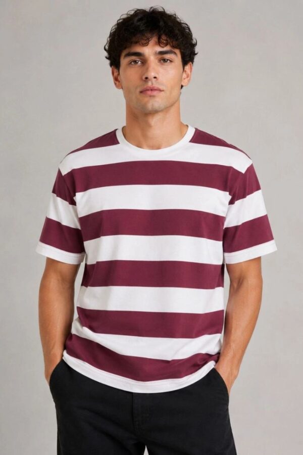 Erkek Çizgili Oversize Tişört Bisiklet Yaka Kısa Kol Yazlık T-Shirt - Bordo