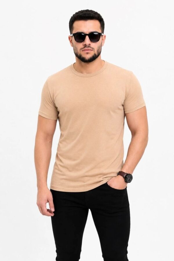Erkek Basic Tişört Bisiklet Yaka Kısa Kol Günlük Yazlık Slim fit T-Shirt - Bej